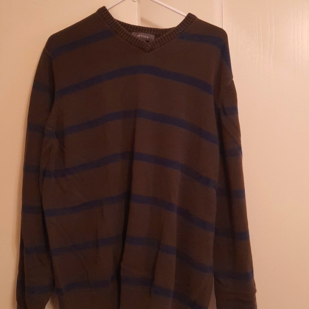 Merona V-Neck Olive Green and Blue Strip Sweater XL
